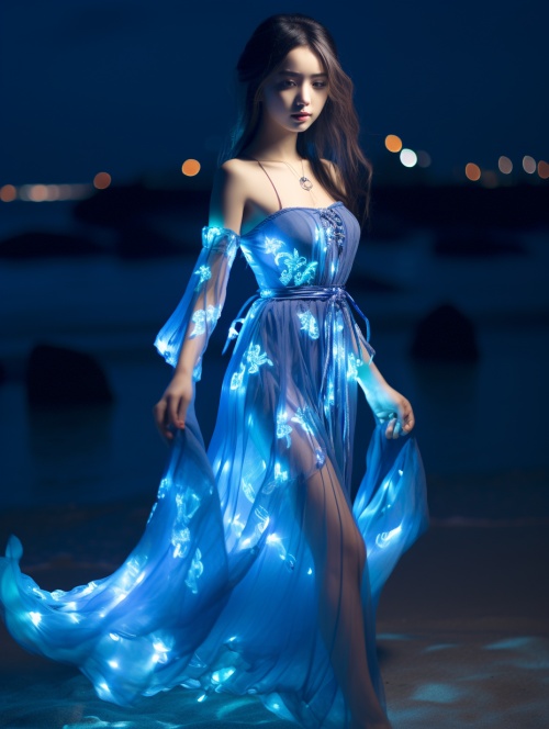 一位身着极光一样，蓝色发光的，长裙礼服，中国女孩，在夜晚的海滩上漫步，看向镜头，风格是闪闪发光的转变，蓝色和海蓝色，荧光效果，日晒大师，精致细腻，柔和发光，内部发光，生物发光，一闪即逝的细节，宛如空灵的生物，我简直不敢相信这是如此美丽，超现实主义，未来主义，赛博朋克，超高清画质，32K