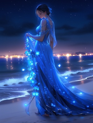 一位身着极光一样，蓝色发光的，长裙礼服，中国女孩，在夜晚的海滩上漫步，海边沙滩上开满了发着蓝光的蓝色玫瑰花，风格是闪闪发光的转变，蓝色和海蓝色，荧光效果，日晒大师，精致细腻，柔和发光，内部发光，生物发光，一闪即逝的细节，宛如空灵的生物，我简直不敢相信这是如此美丽，超现实主义，未来主义，赛博朋克，超高清画质，32K