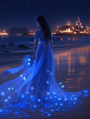 夜晚海边沙滩上铺满了发着蓝光的玫瑰花，一位身着极光一样，蓝色发光的，长裙礼服，中国女孩，在漫步，风格是闪闪发光的转变，蓝色和海蓝色，荧光效果，日晒大师，精致细腻，柔和发光，内部发光，生物发光，一闪即逝的细节，宛如空灵的生物，我简直不敢相信这是如此美丽，梦幻主义，浪漫风格，超高清画质，32K