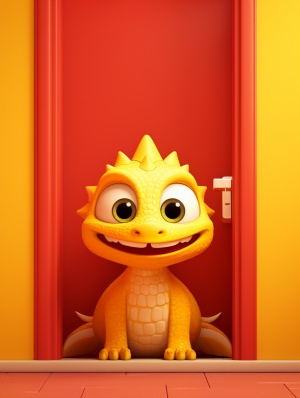 Pixar style, a cute yellow Chinese dragon hiding behinda red door, showing only its head, furry texture, cuteand cute expression, minimalist style, simple cleanlight red background, movie lighting, volume light,soft and advanced colors, Bubble Mart, 3D, C4Dsuper detail, super precision, .0
