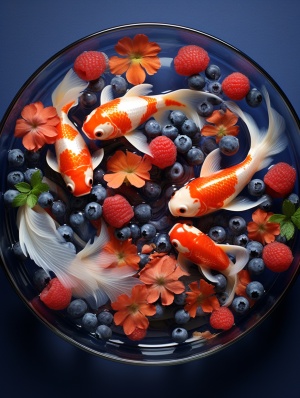 白色圆盘中的草莓和蓝莓金鱼
