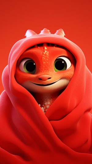 poster, Pixar style, A cute red Chinese dragonhides in a red blanket, showing only its head, furrytexture, cute and cute expression, minimalist style,simple clean light red background, movie lighting,volume light, soft and advanced colors, BubbleMart, 3D, C4D, super detail, super precision, air3:4V6