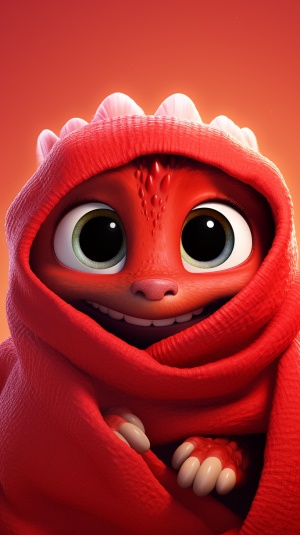 poster, Pixar style, A cute red Chinese dragonhides in a red blanket, showing only its head, furrytexture, cute and cute expression, minimalist style,simple clean light red background, movie lighting,volume light, soft and advanced colors, BubbleMart, 3D, C4D, super detail, super precision, air3:4V6