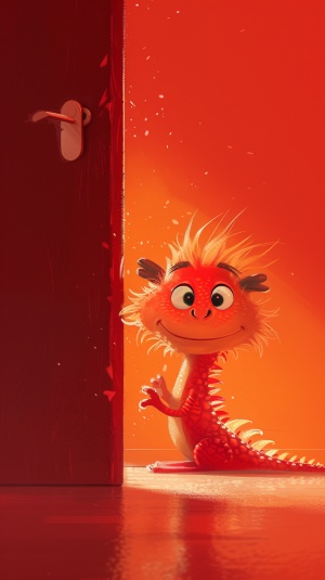Adorable Chinese Dragon Peeking Behind a Red Door