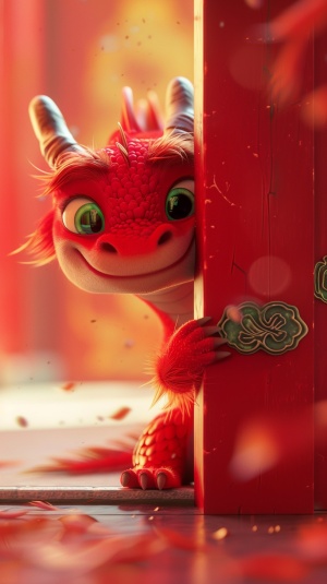 Pixar style, a cute red Chinese dragon hidingbehind a red door, showing only its head, furrytexture, cute and cute expression, minimalist style,simple clean light red background, movie lighting.volume light, soft and advanced colors, BubbleMart.
