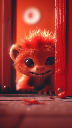 Pixar style, a cute red Chinese dragon hidingbehind a red door, showing only its head, furrytexture, cute and cute expression, minimalist style,simple clean light red background, movie lighting.volume light, soft and advanced colors, BubbleMart.