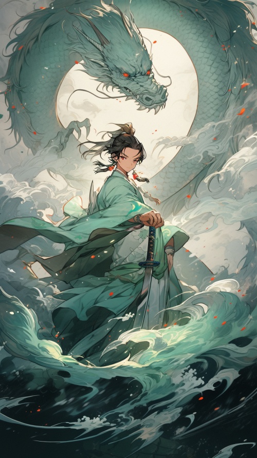 a Chinese boy, hanfu, Attack Dragon,color water ink, China, Chinese gongfu, Sword, Chinese sword, Dragon background, Leaves flutterand fall, Moonlight, The moonlight falls, Chinese stylegreen smell, negative space, fisheye, 32K, HD