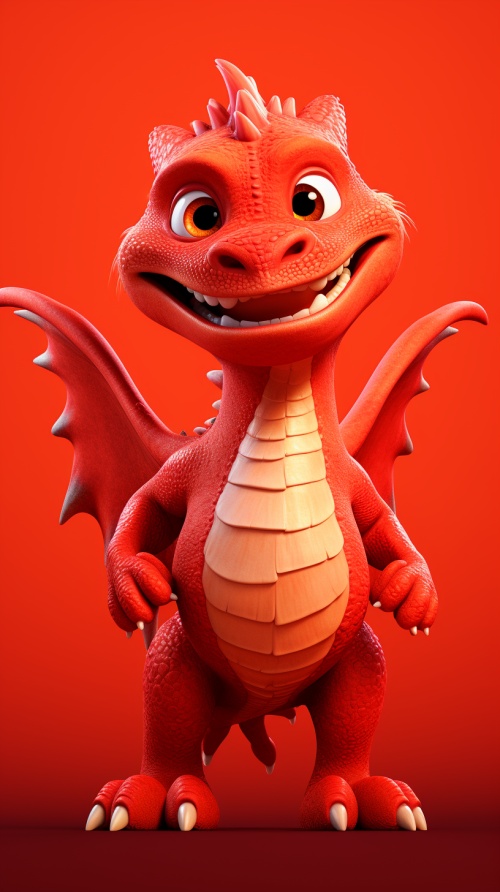 First view, close-up, Pixar style, a lovely Chinesered dragon standing in froont of a red wall,with a smile on its face, waving at you, furrytexture, minimalist style, simple clean light redbackground, movie lighting, volume light, softand advanced colors, Bubble Mart, 3D, C4D, superdetail, super precision
