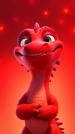First view, close-up, Pixar style, a lovely Chinesered dragon standing in froont of a red wall,with a smile on its face, waving at you, furrytexture, minimalist style, simple clean light redbackground, movie lighting, volume light, softand advanced colors, Bubble Mart, 3D, C4D, superdetail, super precision, ar 3:4v 6.0