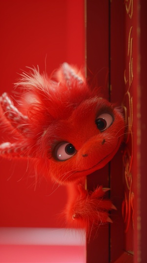 Adorable Chinese Dragon Peeking Behind a Red Door