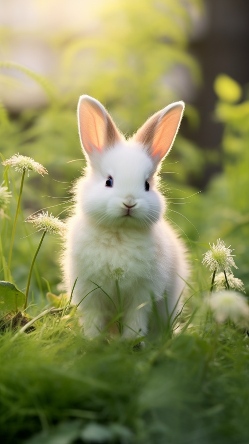 在一个阳光明媚的下午，一片翠绿的草地上，一只可爱的小兔子正在悠闲地散步。这只小兔子毛色洁白如雪，两只长长的耳朵竖立着，仿佛在倾听大自然的每一丝声音。它的眼睛圆溜溜的，如同两颗闪烁的红宝石，透出好奇和纯真。小兔子的前爪轻盈地提起放下，后腿强健有力，尾巴短小而蓬松，随着步伐一摇一摆。草地上的野花点缀其间，微风吹过，带来阵阵清香，与小兔子的快乐身影构成了一幅生动和谐的画面。