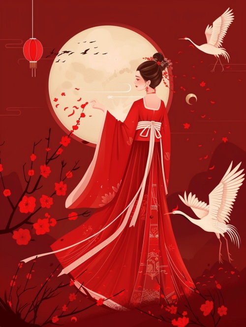 中国红背景，嫦娥回娘家拜年，美丽可爱的中国古代神话中的女嫦娥，身穿古代汉服，手提古代宫灯，脚踩祥云，从月亮上降落人间，白兔喜气洋洋，仙鹤翩翩起舞，春节的节日气氛，皮克斯卡通， ‘
