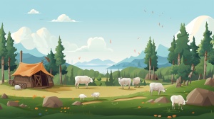 2D游戏场景，内蒙古，草原，森林，蒙古包，山羊，牛，简约平面，扁平风格的