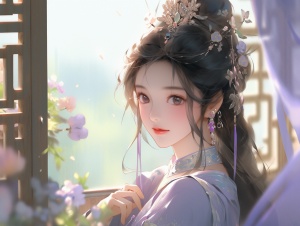 中国古代场景，一个女人，20岁，明代浅紫色服饰，明代复杂发髻，盘发，高清画质，32k uhd，盛世美颜，十分媚态，靠在窗边，眼神魅惑