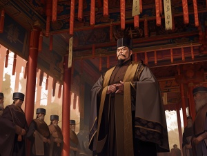 中国古代场景，一个男人，40岁，皮肤松弛，有胡子，明代深紫色朝服，戴着明代朝帽，高清画质，32k uhd，站在大殿内