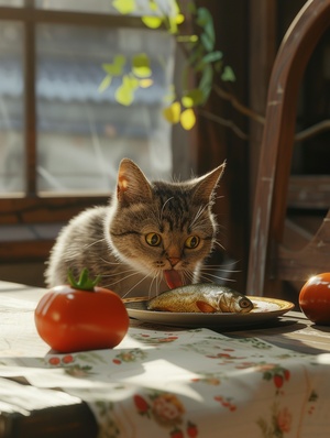 超高质量、细节清晰的8K虚幻引擎下，可爱的猫猫在餐桌上享用鱼