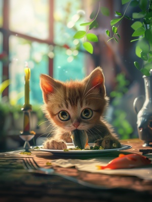 一只可爱的猫猫在餐桌上吃一条鱼，，超高质量，细节清晰，虚幻引擎，8k，