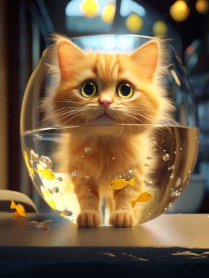 可爱黄猫与碟中鱼：超高质量的虚幻引擎8k细节
