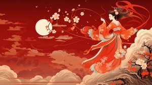 Chinese red background, Chang'e returns to her mother's home to pay a New Year's visit. Beautiful and lovely Chang'e, dressed in ancient Han clothing, holding an ancient palace lantern, stepping on auspicious clouds, descending from the moon to the human world. The white rabbit is full of joy, and the crane is dancing gracefully. The atmosphere of the Spring Festival, oil painting, integrated with Chinese New Year paintings, middle and far views, overlooking, emphasizing the dynamic three-di