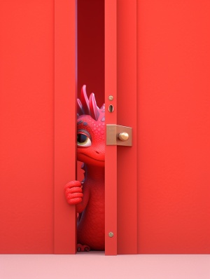 【标题】：红门后的可爱中国龙：皮克斯风格3D渲染原画