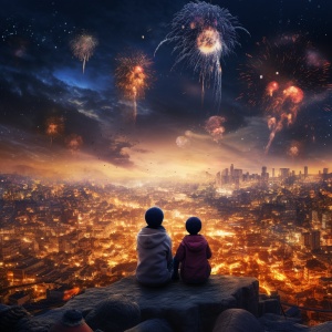 春节夜景，两个孩童，在一个巨大飞天炮仗，身后远景是城市的万家灯火，天上烟花，高清实拍，电影画质，超现实风格，超广角拍摄，