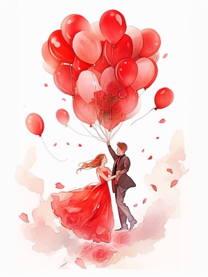 浪漫情人节，红色玫瑰气球携手舞动