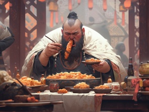 中国古代场景，一个男人，有胡子，40岁，吃的肥头大耳，大肚翩翩，非常的油腻，大胖子形象，明代管家服饰，32k uhd