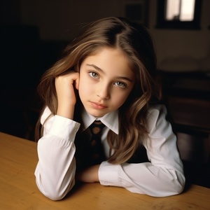 a lovely and young elementary school student, she wearsschool uniform and sits in front of desk, looking at camera, tilting her head slightly back