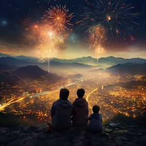 春节夜景：家人观赏巨型飞天炮仗，城市璀璨万家灯火