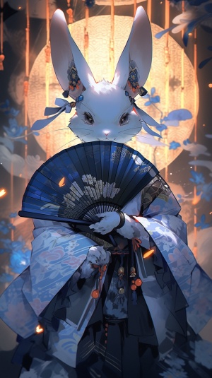 Gothic Darkness: Lifelike Renderings of a Handsome Anime Rabbit in a Blue Kimono