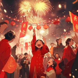 迎新春，人群穿红衣，热烈放鞭炮、观赏烟花