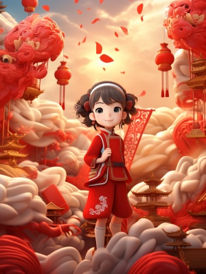 中国红背景的春节喜庆元素3D渲染