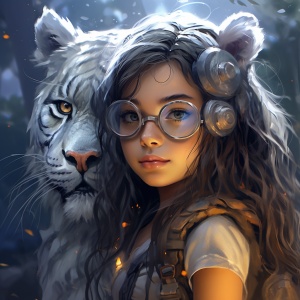 戴眼镜的小女孩和她的灰色虎斑，闯入魔法世界，奇妙幻境，唯美，超清像素，细节逼真。