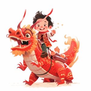 中国小男孩骑红金龙，快乐春节的木版画插画