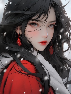 红唇雪肤，蓬松如雾的黑发和桃花眼