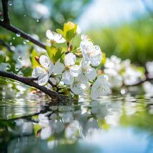 春天梅花树下的湖光映照