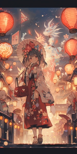 一个女孩穿着新年服装 提着灯笼在烟花的街道 着走路