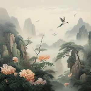中国山水画中的植物、鸟和蝴蝶
