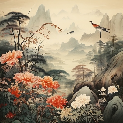 中国山水画，有一些植物，一只鸟，两只蝴蝶