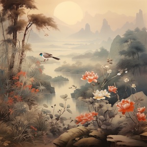 中国山水画中的植物、鸟和蝴蝶