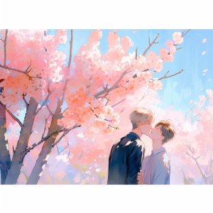 两个男生，在樱花树下接吻