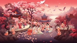 主题：中国古代七仙女下凡贺新春环境：中国古代神话风格的天空与人间交汇的场景，天宫高耸入云，云雾缭绕，人间则是繁花似锦的花园，百花争艳，春色满园。风格：融合中国年画、剪纸艺术的元素，结合卡通3D和概念艺术的风格，创造出既传统又现代，既神秘又梦幻的氛围。构图：七仙女身穿各色中国传统古装汉服，各手持百合花、牡丹花、莲花，脚踩彩云，喜气洋洋地从天宫降落人间。仙鹤在旁翩翩起舞，与仙女们的动态形成呼应。整个画面构图饱满，仙女们的降落动态成为视觉焦点。光影：天空与人间之间光线柔和，色彩温暖。仙女们身处的彩云流动感强，光线透过云层洒下，形成梦幻般的光影效果。人间则是阳光明媚，百花绚丽，春色满园，与天空的柔和光线形成对比。灯光色彩：整体色彩以红、黄、绿等中国传统春节喜庆色彩为主，同时融入各色古装汉服的色彩。灯光设置上，天宫部分采用柔和的蓝色调，突出神秘感；人间部分则采用暖色调，营造温馨喜庆的氛围。质量：画面细腻，色彩丰富，动态感强烈，各种元素之间的融合自然和谐。整体画面既符合中国古代神话的韵味，又具有现代审美感，充满了春节的喜庆气氛。