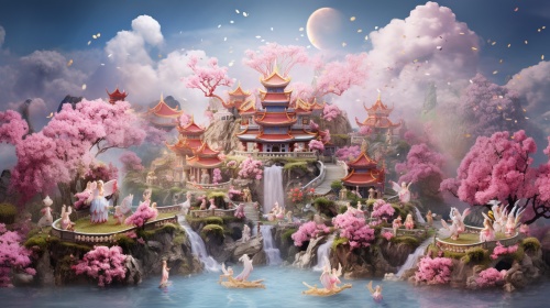 主题：中国古代七仙女下凡贺新春环境：中国古代神话风格的天空与人间交汇的场景，天宫高耸入云，云雾缭绕，人间则是繁花似锦的花园，百花争艳，春色满园。风格：融合中国年画、剪纸艺术的元素，结合卡通3D和概念艺术的风格，创造出既传统又现代，既神秘又梦幻的氛围。构图：七仙女身穿各色中国传统古装汉服，各手持百合花、牡丹花、莲花，脚踩彩云，喜气洋洋地从天宫降落人间。仙鹤在旁翩翩起舞，与仙女们的动态形成呼应。人间春色满园，百花盛开，喜庆吉祥，整个画面构图饱满，仙女们的降落动态成为视觉焦点。光影：天空与人间之间光线柔和，色彩温暖。仙女们身处的彩云流动感强，光线透过云层洒下，形成梦幻般的光影效果。人间则是阳光明媚，百花绚丽，春色满园，与天空的柔和光线形成对比。灯光色彩：整体色彩以红、黄、绿等中国传统春节喜庆色彩为主，同时融入各色古装汉服的色彩。灯光设置上，天宫部分采用柔和的蓝色调，突出神秘感；人间部分则采用暖色调，营造温馨喜庆的氛围。质量：画面细腻，色彩丰富，动态感强烈，各种元素之间的融合自然和谐。整体画面既符合中国古代神话的韵味，又具有现代审美感，充满了春节的喜庆气氛。