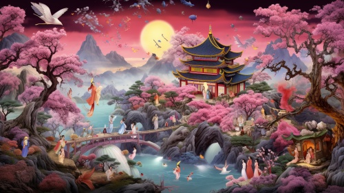 主题：中国古代七仙女下凡贺新春环境：中国古代神话风格的天空与人间交汇的场景，天宫高耸入云，云雾缭绕，人间则是繁花似锦的花园，百花争艳，春色满园。风格：融合中国年画、剪纸艺术的元素，结合卡通3D和概念艺术的风格，创造出既传统又现代，既神秘又梦幻的氛围。构图：七仙女身穿各色中国传统古装汉服，各手持百合花、牡丹花、莲花，脚踩彩云，喜气洋洋地从天宫降落人间。仙鹤在旁翩翩起舞，与仙女们的动态形成呼应。人间春色满园，百花盛开，喜庆吉祥，整个画面构图饱满，仙女们的降落动态成为视觉焦点。光影：天空与人间之间光线柔和，色彩温暖。仙女们身处的彩云流动感强，光线透过云层洒下，形成梦幻般的光影效果。人间则是阳光明媚，百花绚丽，春色满园，与天空的柔和光线形成对比。灯光色彩：整体色彩以红、黄、绿等中国传统春节喜庆色彩为主，同时融入各色古装汉服的色彩。灯光设置上，天宫部分采用柔和的蓝色调，突出神秘感；人间部分则采用暖色调，营造温馨喜庆的氛围。质量：画面细腻，色彩丰富，动态感强烈，各种元素之间的融合自然和谐。整体画面既符合中国古代神话的韵味，又具有现代审美感，充满了春节的喜庆气氛。