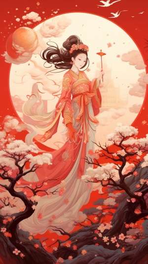 中国红背景，天宫与大地交融，嫦娥降临，白兔欢跃