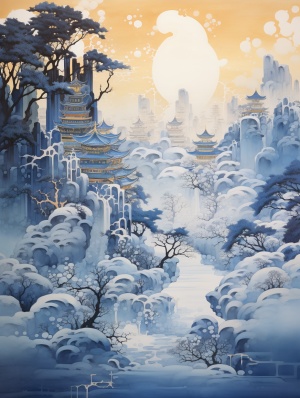 The painting features an Asian style landscape with blue trees and buildings in the style of an epic fantasy scene, snowy landscape, uhd image, chuah thean teng, light indigo and gold, silk painting, modern European ink painting