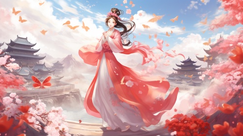 中国红背景，中国古代天宫与现代大地交融的空间环境，嫦娥身着华丽的仙袍，手持如玉，脚步轻盈，踏着莲花彩云，从天宫降落大地，白兔围着她喜气洋洋，仙鹤翩翩起舞。人间春气盎然，百花怒放，一片春节喜庆气氛，俯视，中远景，融合中国剪纸与摡念艺术，卡通3D