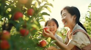 一对中国母女，一起在果园摘果。真实的全景，两个人脸上是开心的笑容。阳光的光线洒在这两人的脸上。