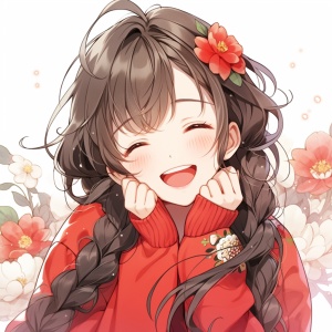 一个开心的小女孩，奶茶棕色的长麻花辫头发，娃娃脸，脸部立体，穿着中国大红色的毛衣，毛衣上有朵小花，哈哈大笑，纯色干净背景，正面半身照