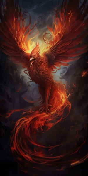 一只红色的凤凰，身上带火，红色，背后有夜空，闪电，中国风，张牙舞爪，尾巴似火焰